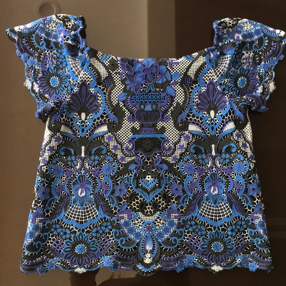 Alice and olivia lace top . Blue and black .